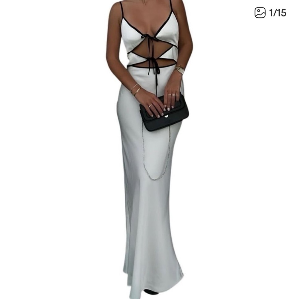 Commense White Long Dress Satin Tie Front Black White Trim Zipper SZ S NEW